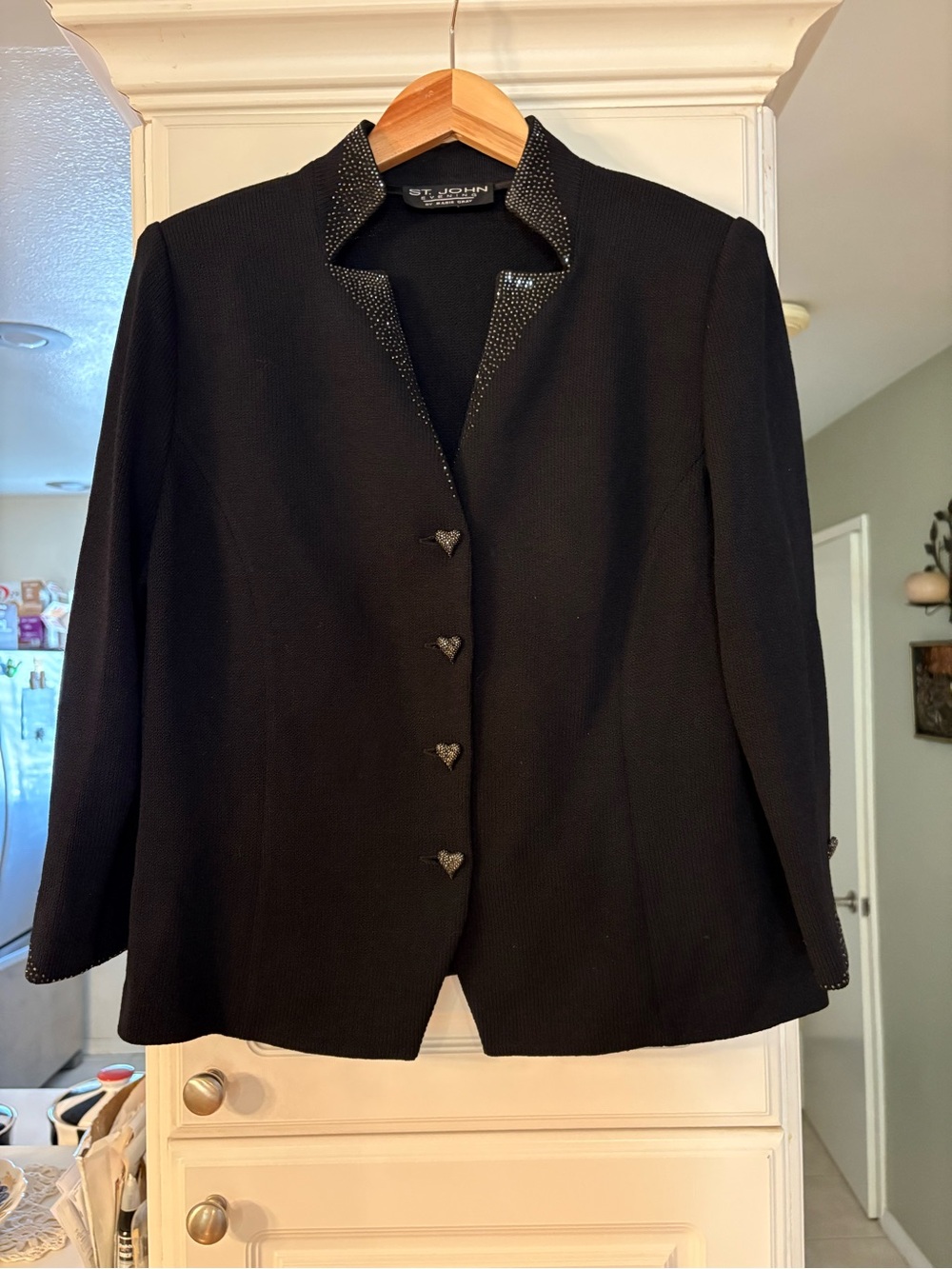 St. John Evening Black Santana Knit Crystal Heart Button Princess Jacket - Picture 2 of 5